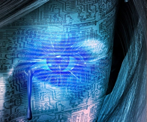 Artificial Intelligence Concept Drucke: Cyborg woman cries. Binary code, circuit pattern