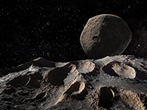 Space Art Illustration Drucke: Dactyl moon hovering in the sky above asteroid Ida