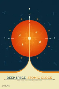 Space Science Illustration Drucke: Deep Space Atomic Clock poster, orange version