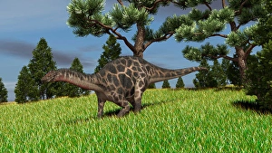 Cretaceous Era Dinosaurs Drucke: Dicraeosaurus walking across an open field