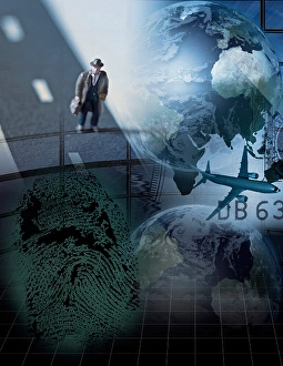 Businessman With Suitcase Drucke: Digital collage of globe, plane
