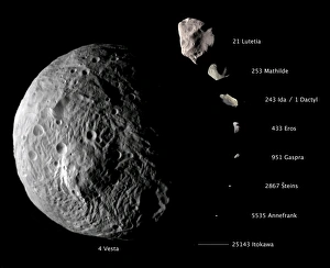Digitales Kompositum, das die vergleichenden Größen von neun Asteroiden zeigt