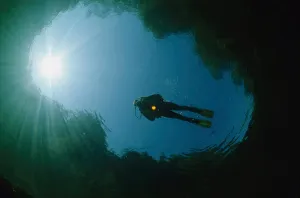 Scuba Diving Images Drucke: Diver floating on the river surface while sunrays shine down from above