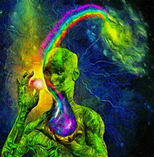 Circuit Board Design Drucke: Droid holds elements of life. Rainbow