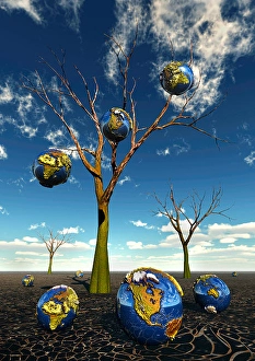 Environmental Conservation Art Drucke: Earth planets on the branches of a dying tree and falling to the ground