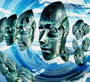 Artificial Intelligence Technology Drucke: Electronic Faces hovers. 3D rendering