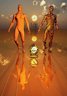 Artificial Intelligence Image Drucke: The evolution of a human being transforming into a biomechanical life form