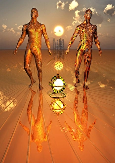 Artificial Intelligence Artwork Drucke: The evolution of a human being transforming into a biomechanical life form