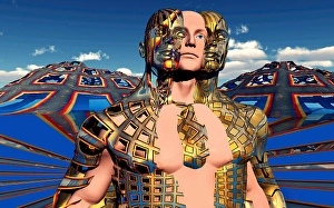 Artificial Intelligence Artwork Drucke: The evolution of a human being transforming into a biomechanical life form