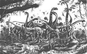 Cretaceous Period Artwork Drucke: Evolution of sauropods, graphite sketch