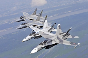 Zwei F/A - 18 Horneten und zwei F - 15 Streumäher schweben in einem Echelonsystem