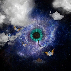 Abstract Space Art Drucke: Figure of man walking to God's eye. Clouds