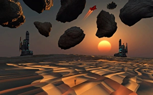 Futuristic Space Art Drucke: Futuristic technology, mining an asteroid field