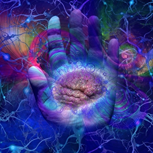 Abstract Space Art Drucke: Galactic Mind and Hand of God. 3D rendering