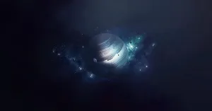 Gas Giant Planets Drucke: Giant gas planet and its tiny moons floating across the space