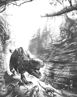 Prehistoric Predator Drucke: Graphite drawing of Tarbosaurus chasing it's prey