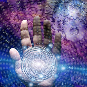 Abstract Spiral Design Drucke: Hand with time vortex and gears