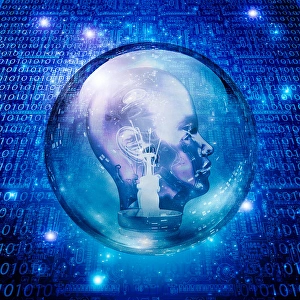 Brainstorming Concept Drucke: Head light bulb with binary enclosed in glass sphere