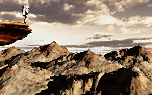 Colorful Digital Artwork Drucke: A human astronaut exploring an alien world