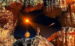 Futuristic Space Travel Drucke: A human astronaut exploring & mining an asteroid