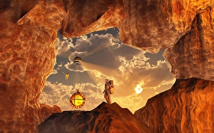 Space Exploration Art Drucke: A human astronaut exploring & mining an asteroid