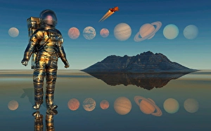 Solar System Exploration Drucke: A human astronaut exploring our solar system of planets