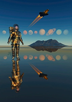 Spacecraft In Orbit Drucke: A human astronaut exploring our solar system of planets