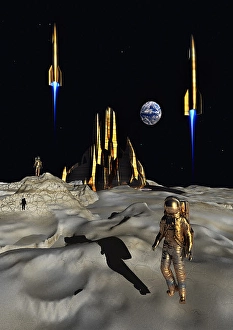Space Exploration Artwork Drucke: A human base and space rockets taking off on the moons surface