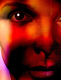 Digital Communication Network Drucke: Human face technology. Binary code