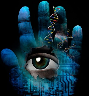 Artificial Intelligence Eyes Drucke: Human palm with eye and electronic circuit pattern