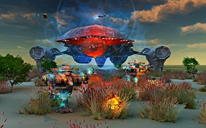 Space Travel Technology Drucke: Humans using advanced spaceship technology to explore alien exoplanets