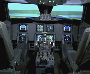 Innenansicht eines Flugzeugflugsimulators.