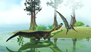 Prehistoric Animal Conflict Drucke: Kaprosuchus attacking a Pteranodon