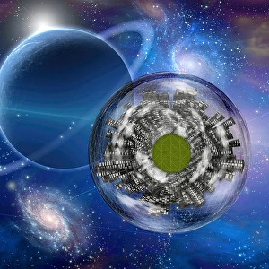 Futuristic Cityscape Drucke: Large city ship orbits in space