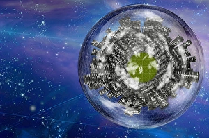 Futuristic Cityscape Drucke: Large city ship orbits in space