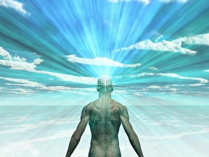 Brainstorming Ideas Drucke: Man covered in text with light radiating from mind