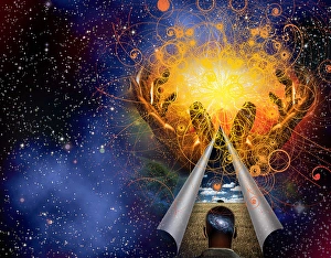 Colorful Digital Illustration Drucke: Man with galaxy mind and gesturing hands