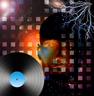 Vintage Music Equipment Drucke: Man with record and space