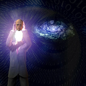 Electronic Communication Drucke: Man removes face to reveal binary streams