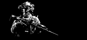 Night Vision Device Drucke: Modern combatant standing in darkness