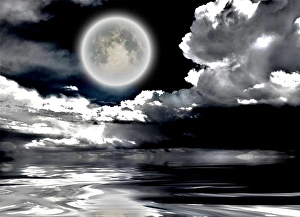 Space Art Illustration Drucke: Full moon. Dramatic clouds reflected in calm wat