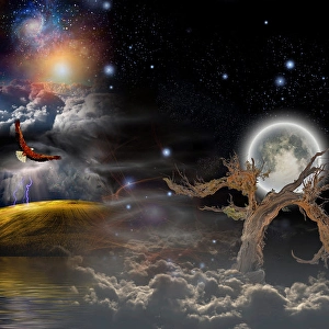 Full Moon Landscape Drucke: Full moon and old tree in clouds