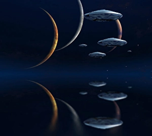 Futuristic Space Art Drucke: Three moons and spaceships in blue deep space