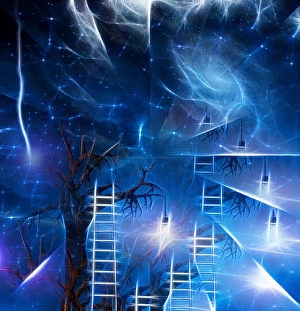 Starry Night Sky Image Drucke: Old tree with ladders and light bulbs
