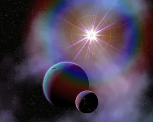 Futuristic Space Art Drucke: Binary worlds orbiting each other