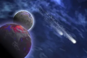 Planetary System Illustration Drucke: Two comets stream past a planet and its moon