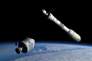Ein Befehlsmodule nähert sich einem wartenden Raketen im Erdumlaufbahn