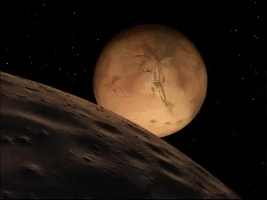Outer Space Illustration Drucke: Mars seen from its outer moon, Deimos