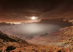 Mars Geological Formations Drucke: The sun sets over the Eberswalde region of Mars