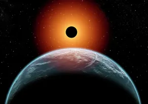 Drucke von Ein Totaluntergang des Sonnen am Himmel, wenn man auf der Erde im Umlauf ist Weltraum-Poster Und -Drucke Kaufen Drucke: Ein Totalsonnenfinsternis wie von der Erde aus ihrem Umlauf um die Sonne gesehen wird